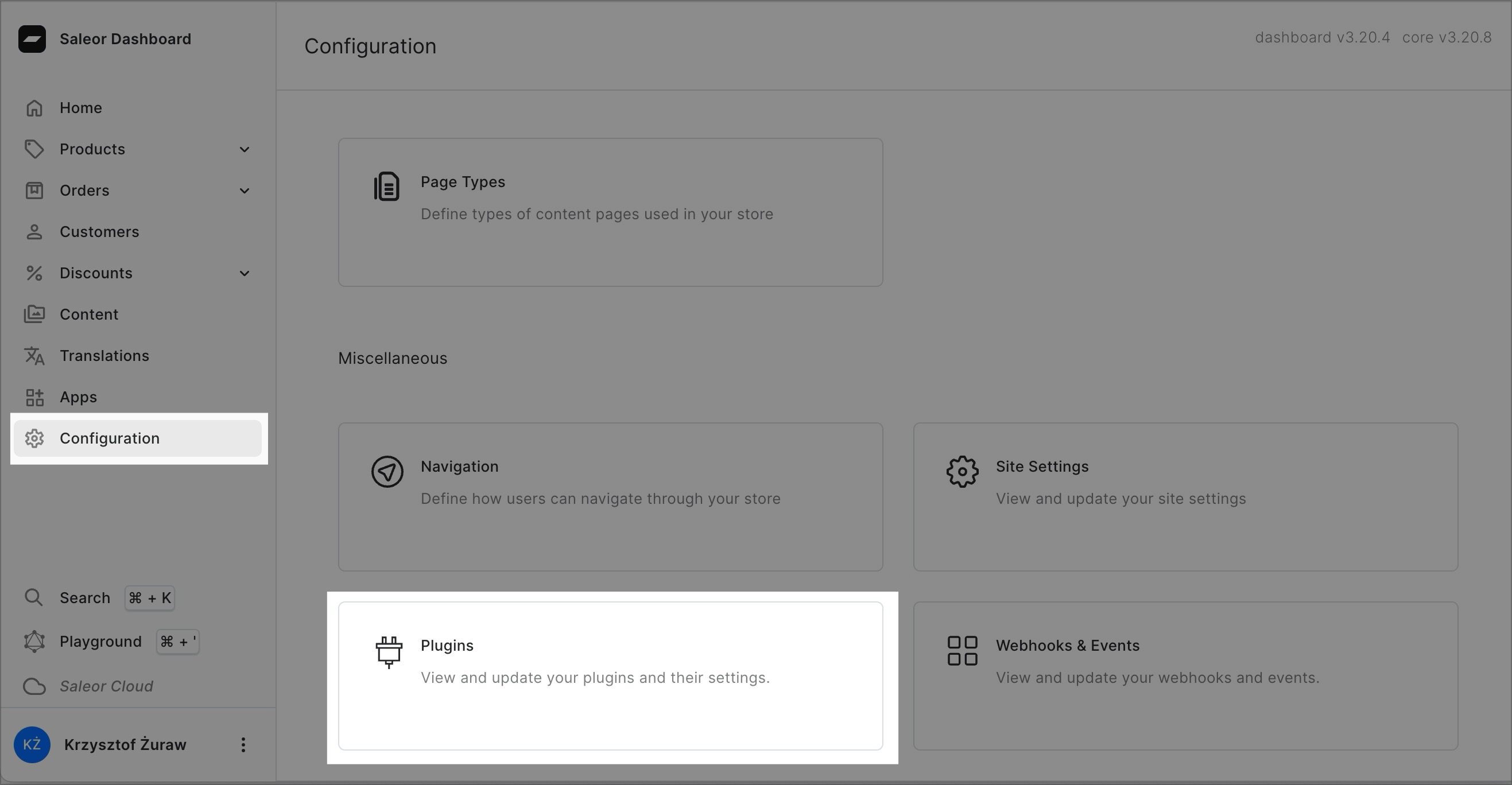 A screenshot of the BoxNCase Dashboard displaying the "Configuration" section. The "Plugins" section is highlighted, indicating the option to view and update plugins and their settings.