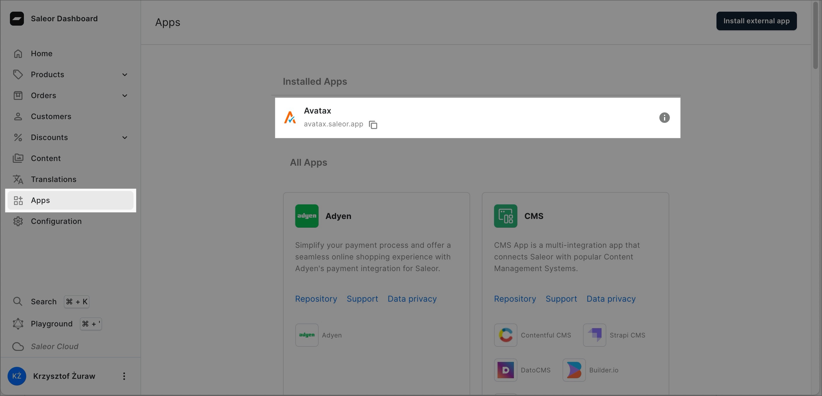 A screenshot of the BoxNCase Dashboard in the "Apps" section. The main area displays "Installed Apps," highlighting "AvaTax" with its logo and a link to the app's page.