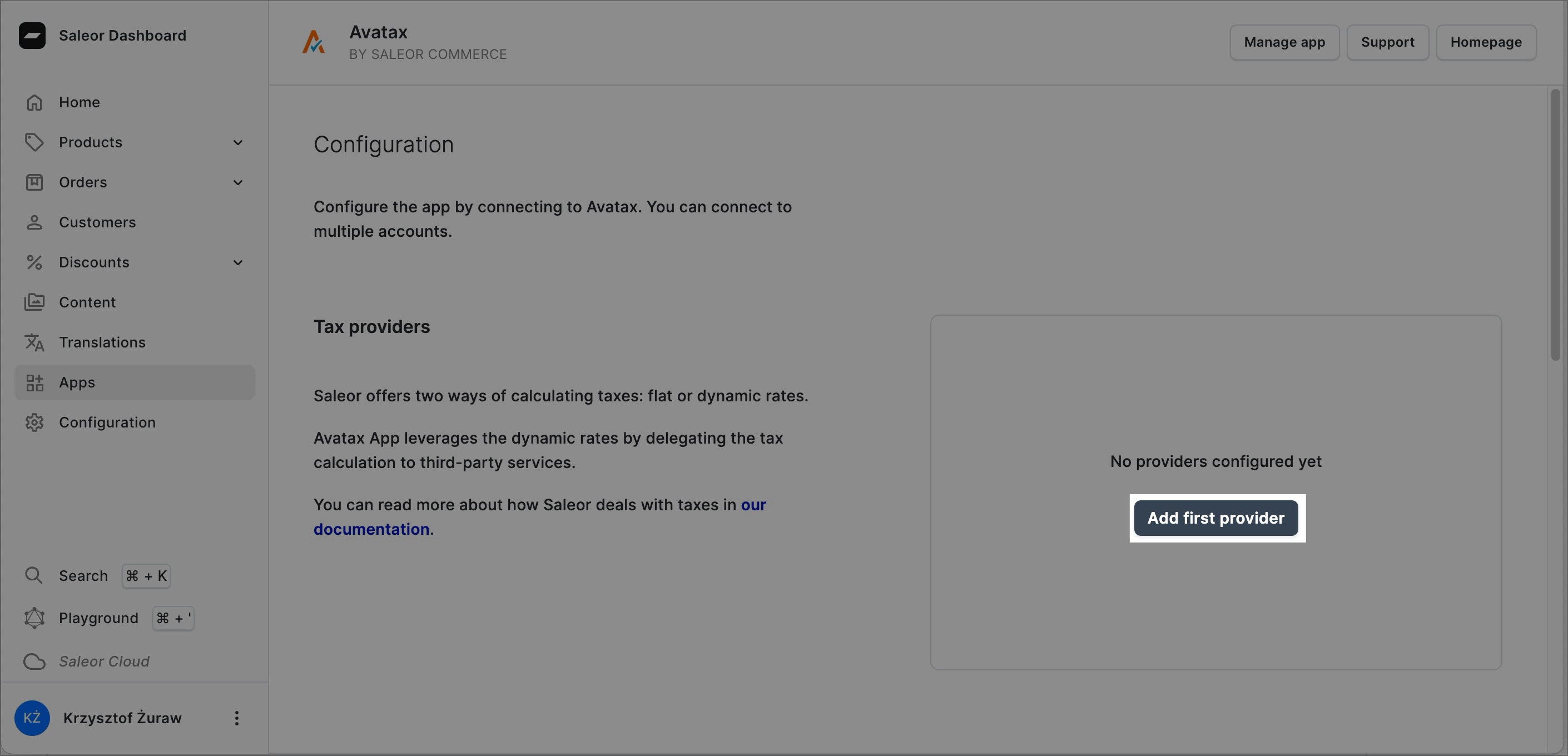 A screenshot of the BoxNCase Dashboard in the "AvaTax" app configuration section. The "Add first provider" button is highlighted."