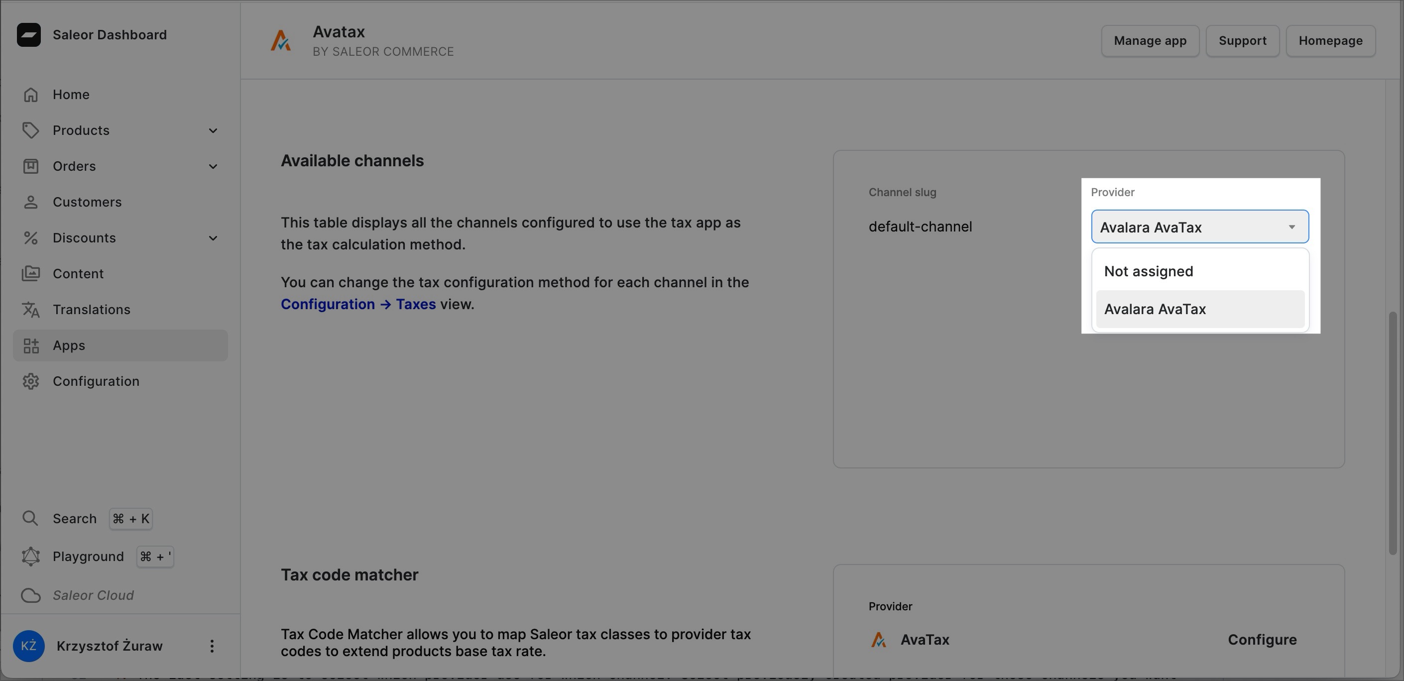 A screenshot of the BoxNCase Dashboard in the "AvaTax" app section.The main area displays "Available channels," indicating that the table shows channels configured to use the AvaTax app for tax calculations.