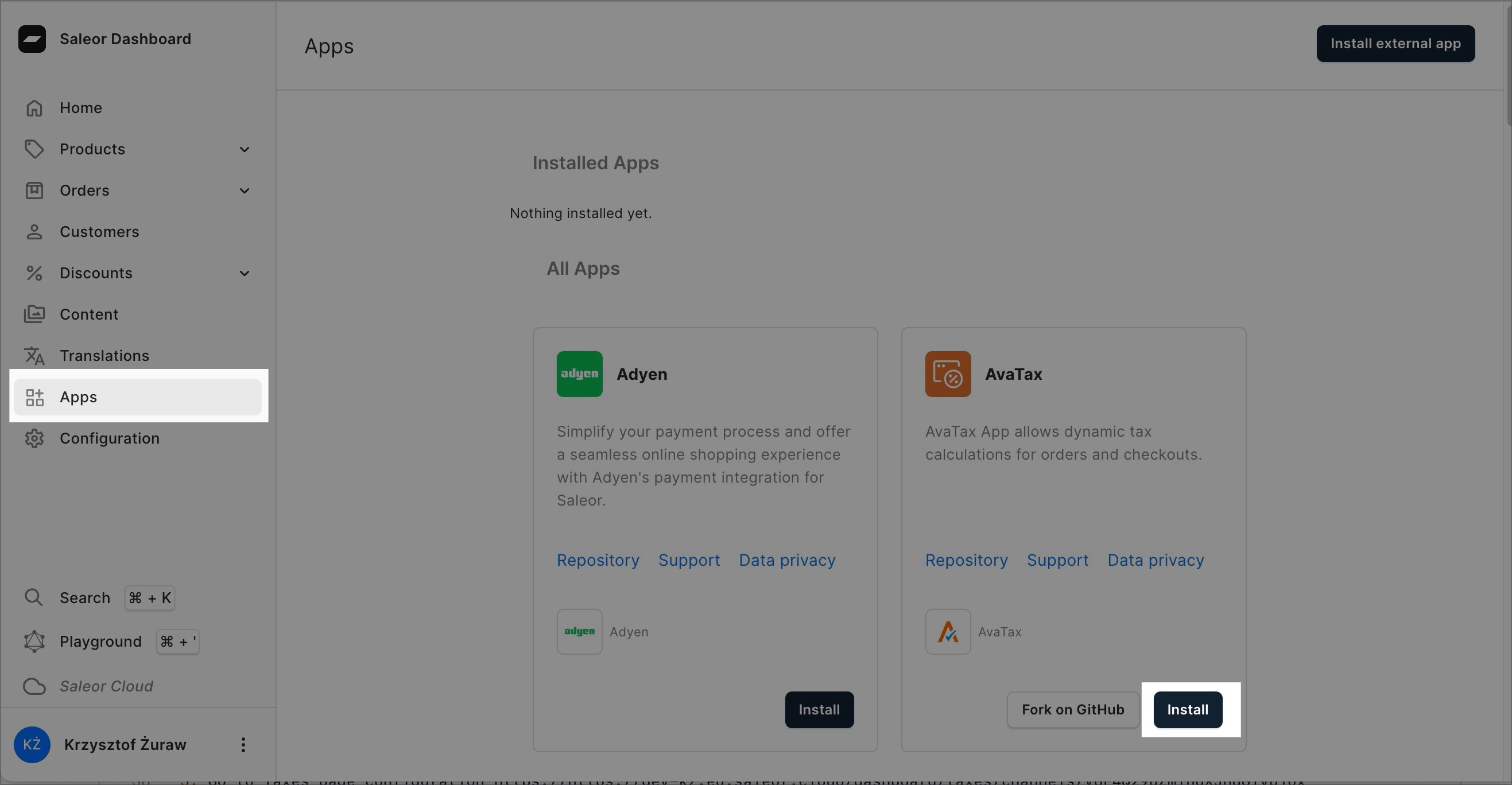 A screenshot of the BoxNCase Dashboard in the "Apps" section. The "Install" button is highlighted, indicating the option to install AvaTax app.