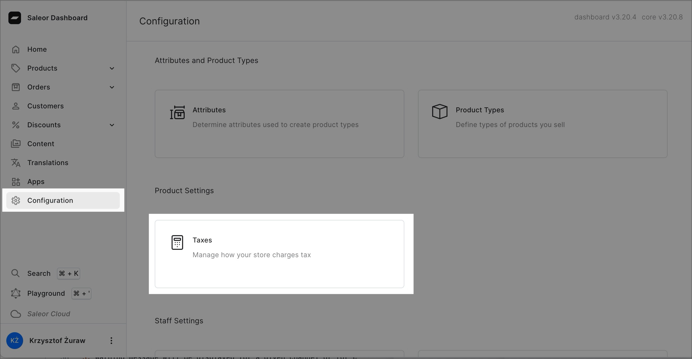 A screenshot of the BoxNCase Dashboard in the "Configuration" section. The "Taxes" section is highlighted.