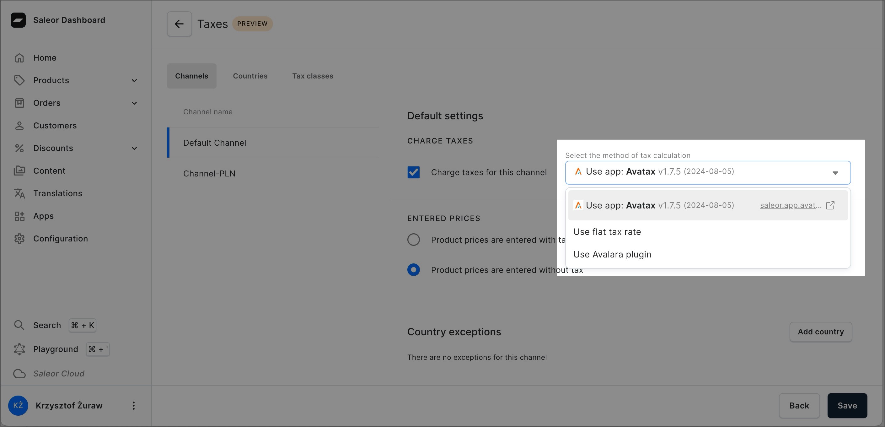 A screenshot of the BoxNCase Dashboard in the "Taxes" section. A highlighted dropdown menu allows the selection of tax calculation methods, including options for using the "Avalara" app and a flat tax rate.